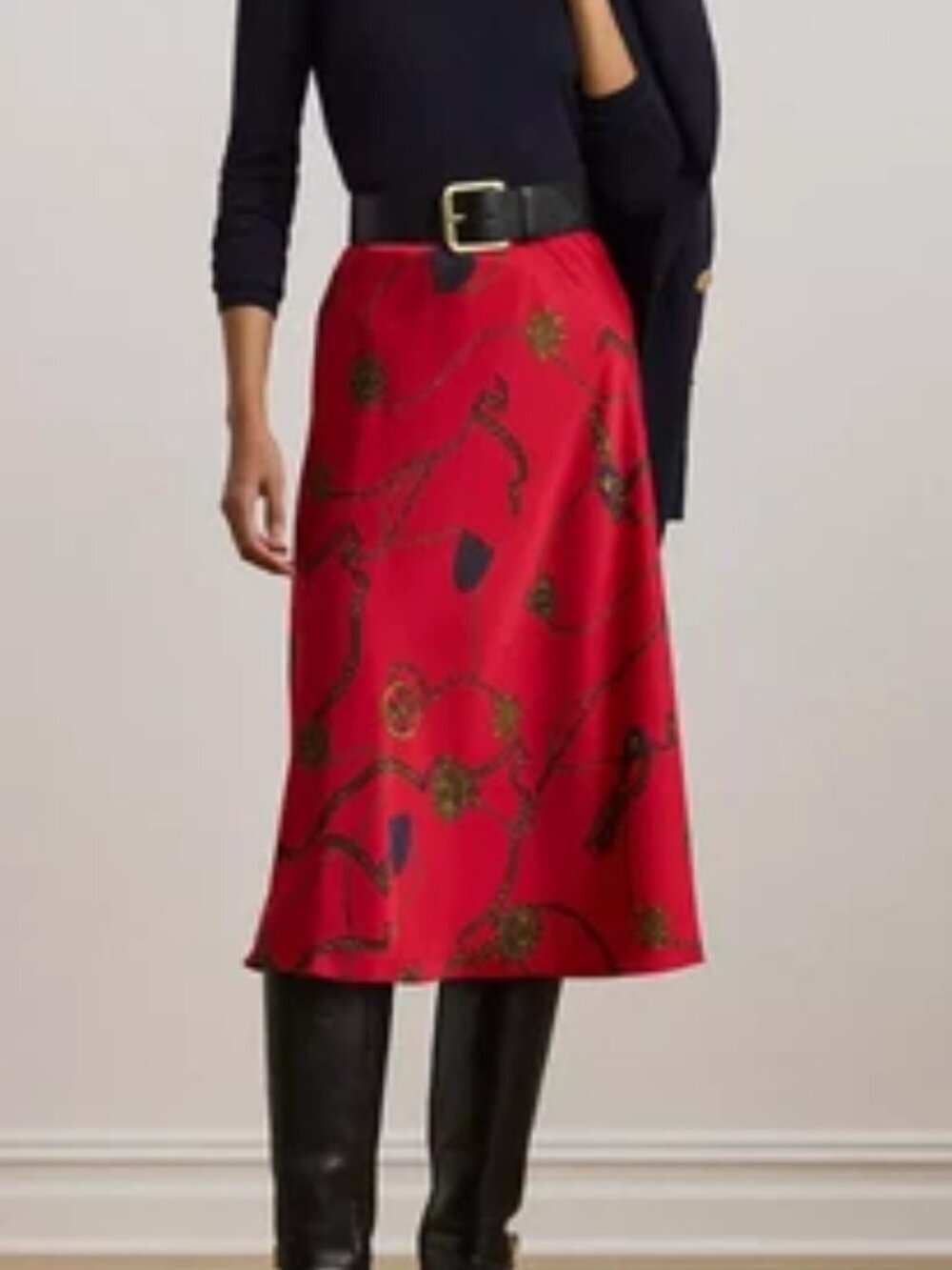 Lauren Ralph Lauren Belting-Print Satin Charmeuse Midi Skirt Red Size Petite 8P